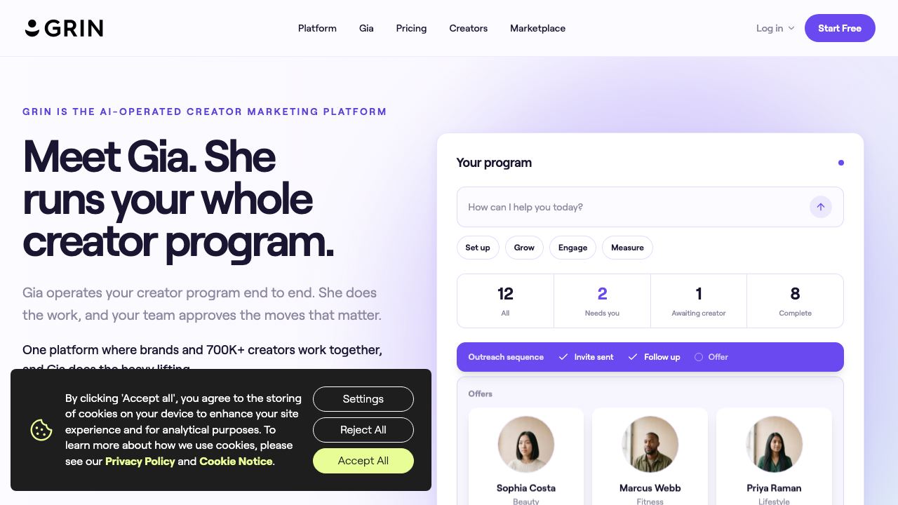 Screenshot of the GRIN homepage at grin.co